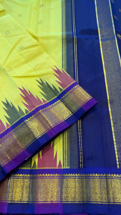 LEMON YELLOW WITH THALAMPOO KANCHIPURAM SINGLE SIDE BORDER SILK SAREE(KSSB43)