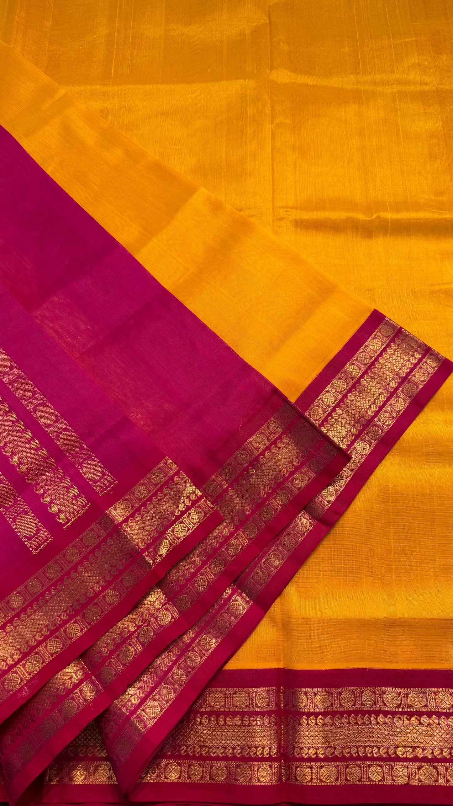 YELLOW WITH CONTRAST HOT PINK KANCHIPURAM SILK COTTON (KSC68)