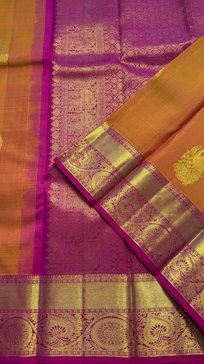 MANGO YELLOW WITH CONTRAST PINK GOLD ZARI HANDLOOM KANCHIPURAM SILK SAREE (KSS379)