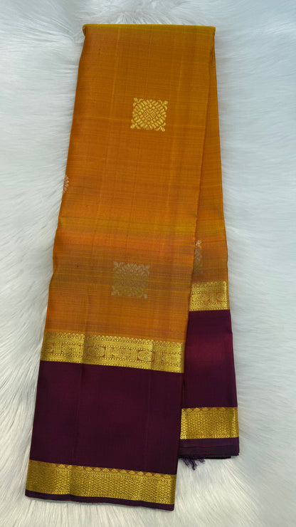 MANGO YELLOW WITH CONTRAST MAGENTA GOLD ZARI HANDLOOM KANCHIPURAM SILK SAREE (KSS434)
