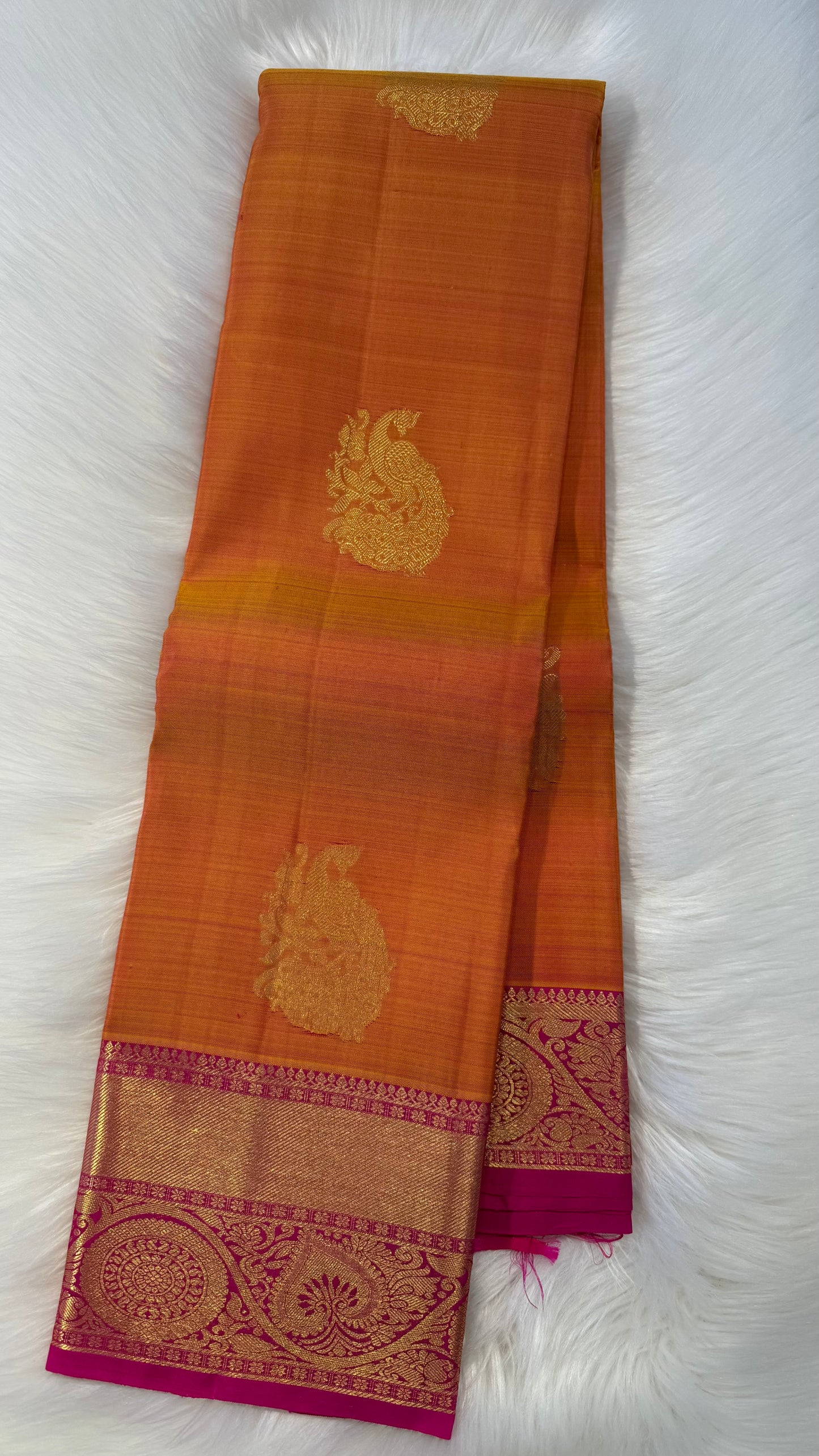 MANGO YELLOW WITH CONTRAST PINK GOLD ZARI HANDLOOM KANCHIPURAM SILK SAREE (KSS379)
