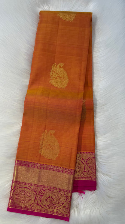 MANGO YELLOW WITH CONTRAST PINK GOLD ZARI HANDLOOM KANCHIPURAM SILK SAREE (KSS379)