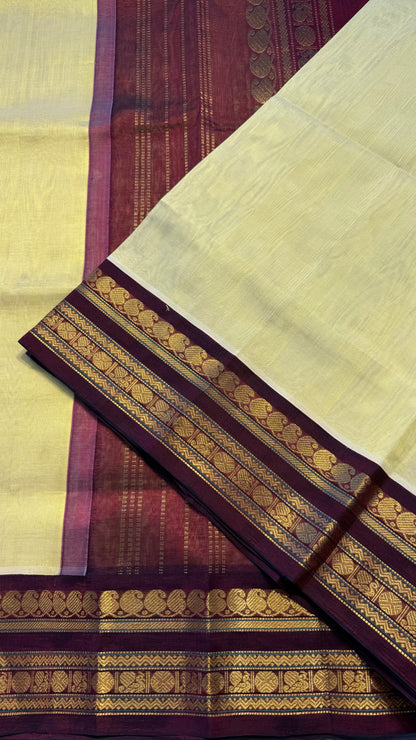 LIME YELLOW WITH MAROON HANDLOOM KANCHIPURAM SILK COTTON (KSC122)