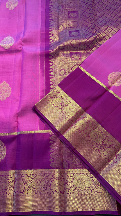 STRAWBERRY PINK WITH CONTRAST VADAMALLI PURPLE KANCHIPURAM HANDLOOM SILK SAREE (KSS431)