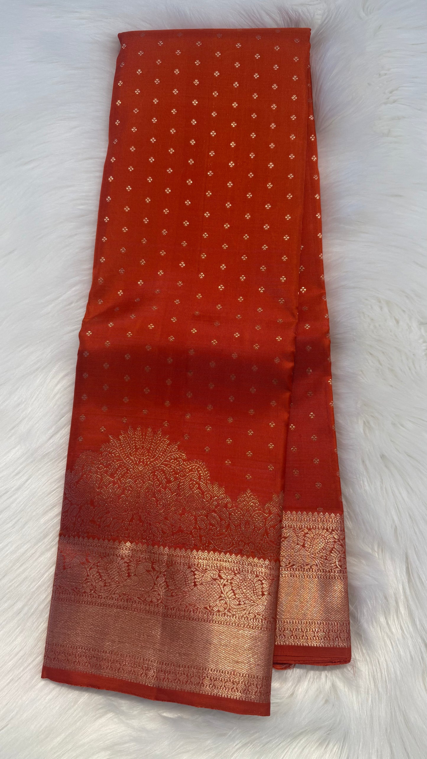 RUST ORANGE SELF CHAMPAGNE GOLD ZARI HANDLOOM KANCHIPURAM SILK SAREE (KSS91)