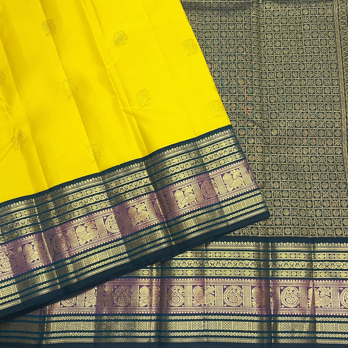 CANARY YELLOW WITH PEACOCK TEAL BLUE & PURPLE TRADITIONAL BORDER KSC 01