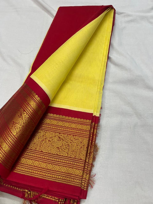 LIME YELLOW WITH RED HANDLOOM KANCHIPURAM SILK COTTON (KSC137)