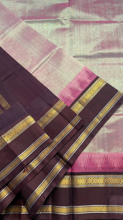 DUAL TONE GREEN PINK WITH MAROON TRADITIONAL RETTAI PETTA BORDER HANDLOOM KANCHIPURAM SILK COTTON (KSC45)