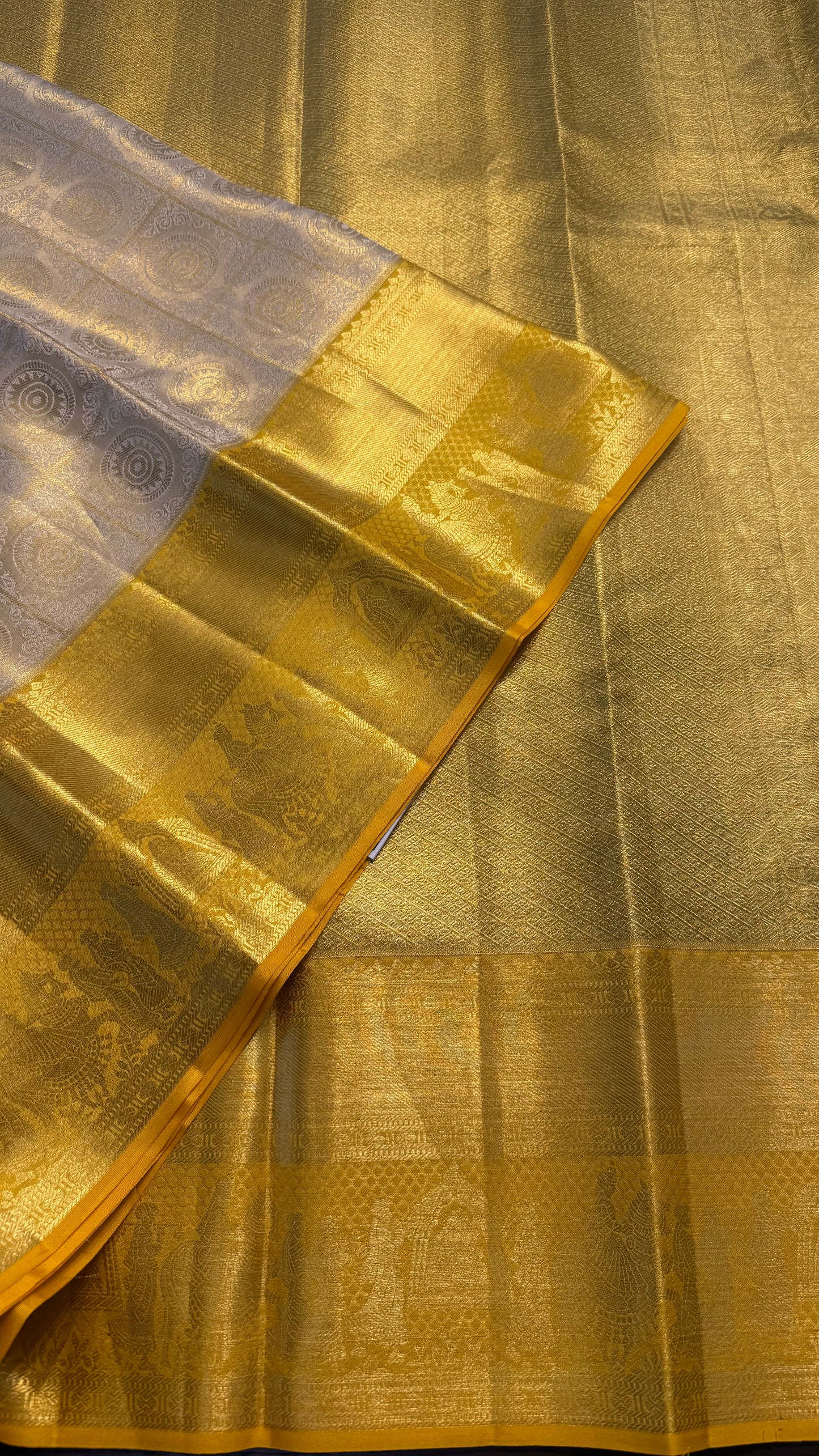 GOLDEN WITH CONTRAST MUSTARD FULL ZARI HANDLOOM KANCHIPURAM SILK SAREE (KSS443)