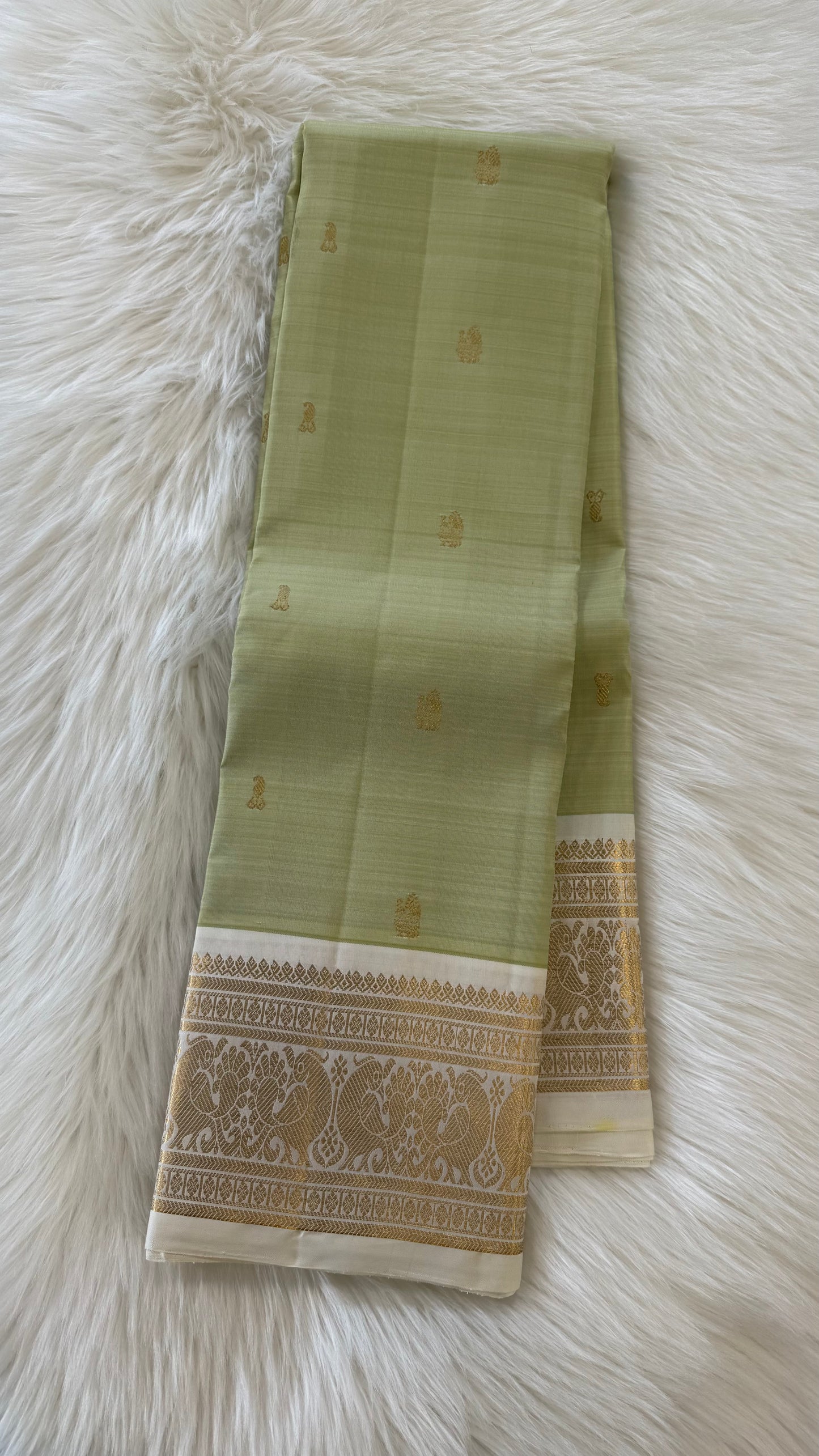 PASTEL MINT GREEN WITH CONTRAST OFF WHITE GOLD ZARI HANDLOOM KANICHIPURAM SILK SAREE (KSS86)