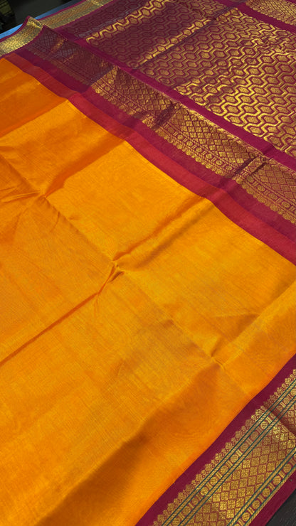 MANGO ORANGE WITH PINK MAROON HANDLOOM KANCHIPURAM SILK COTTON (KSC100)
