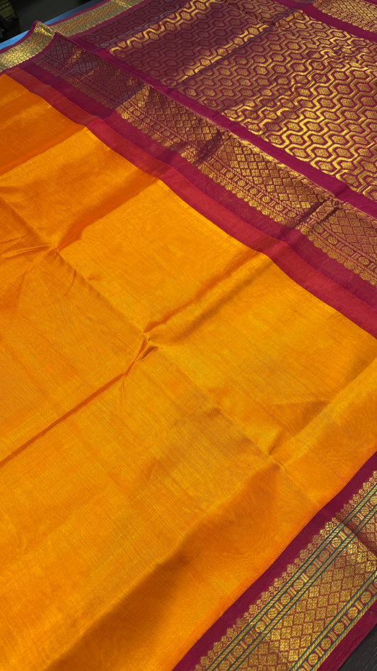 MANGO ORANGE WITH PINK MAROON HANDLOOM KANCHIPURAM SILK COTTON (KSC100)
