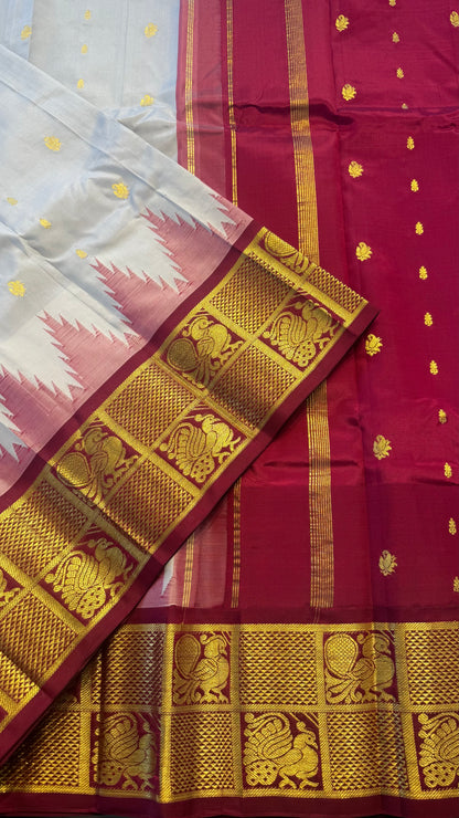 WHITE WITH CONTRAST MAROON PURE HANDLOOM KANCHIPURAM SINGLE SIDE BORDER SILK SAREE (KSSB34)