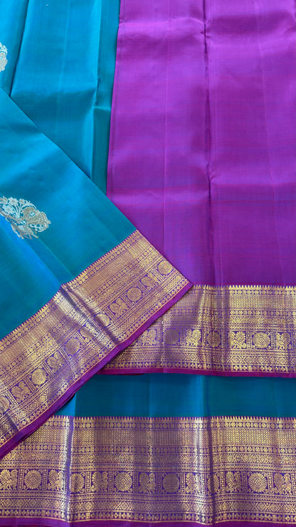 DUAL TONE PEACOCK BLUE WITH CONTRAST VADAMALLI PURPLE HANDLOOM PURE KANCHIPURAM SILK SAREE (KSS156)