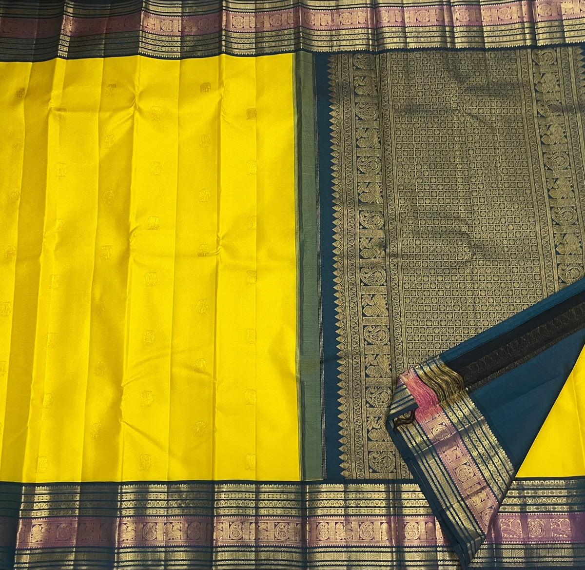 CANARY YELLOW WITH PEACOCK TEAL BLUE & PURPLE TRADITIONAL BORDER KSC 01