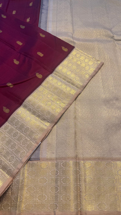 MAROON WITH CONTRAST BEIGE GOLD ZARI HANDLOOM KANICHIPURAM SILK SAREE (KSS264)