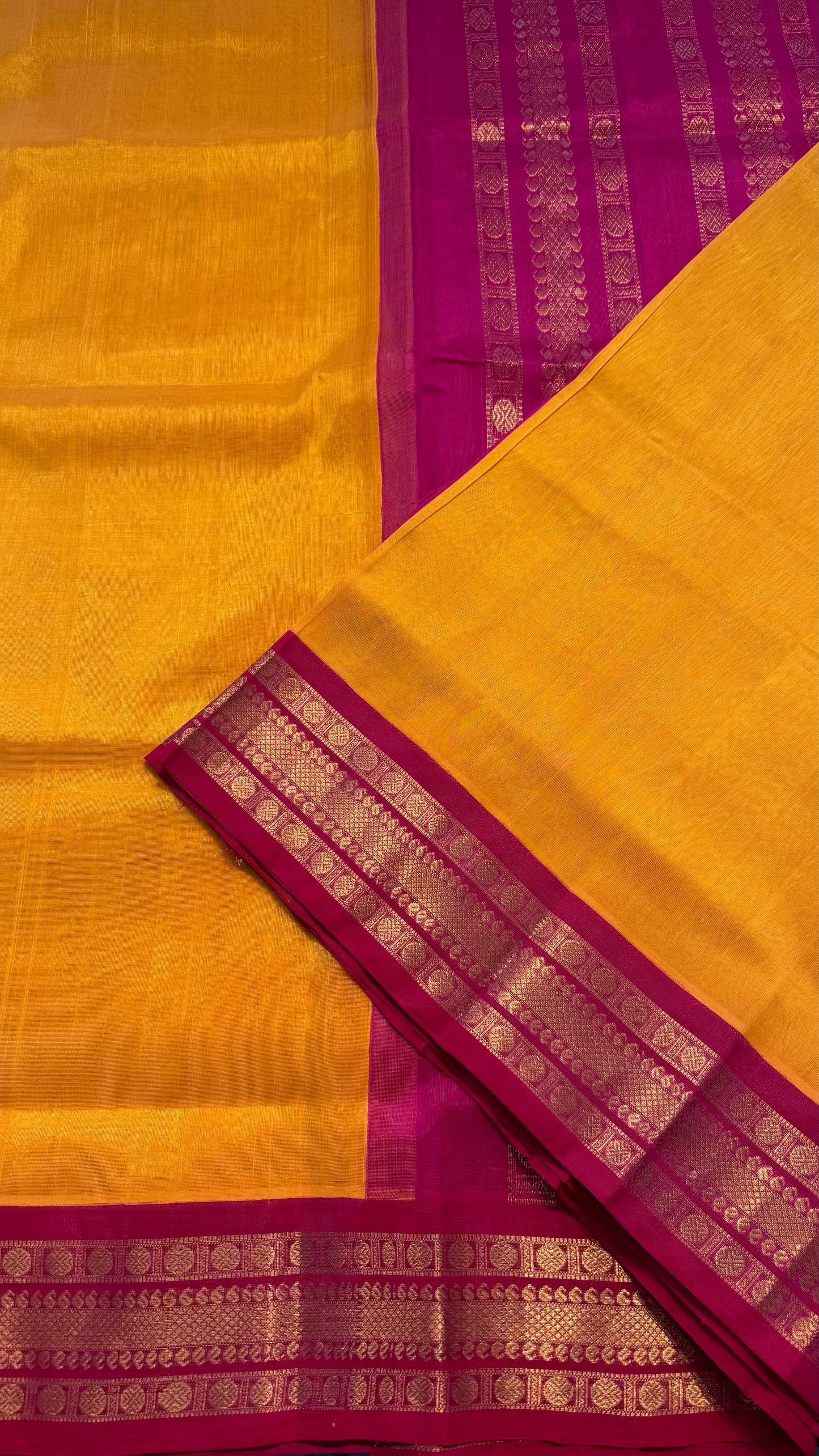 YELLOW WITH CONTRAST HOT PINK KANCHIPURAM SILK COTTON (KSC68)