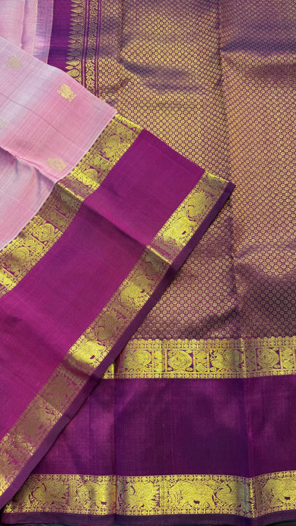 LIGHT PASTEL PINK WITH CONTRAST VADAMALLI PURPLE KANICHIPURAM HANDLOOM SILK SAREE (KSS429)