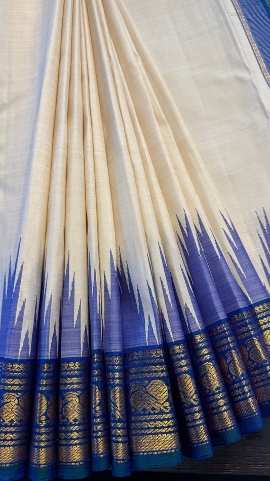 CREAM WITH CONTRAST PEACOCK BLUE GOLD ZARI HANDLOOM KANCHIPURAM SILK SAREE (KSS293)