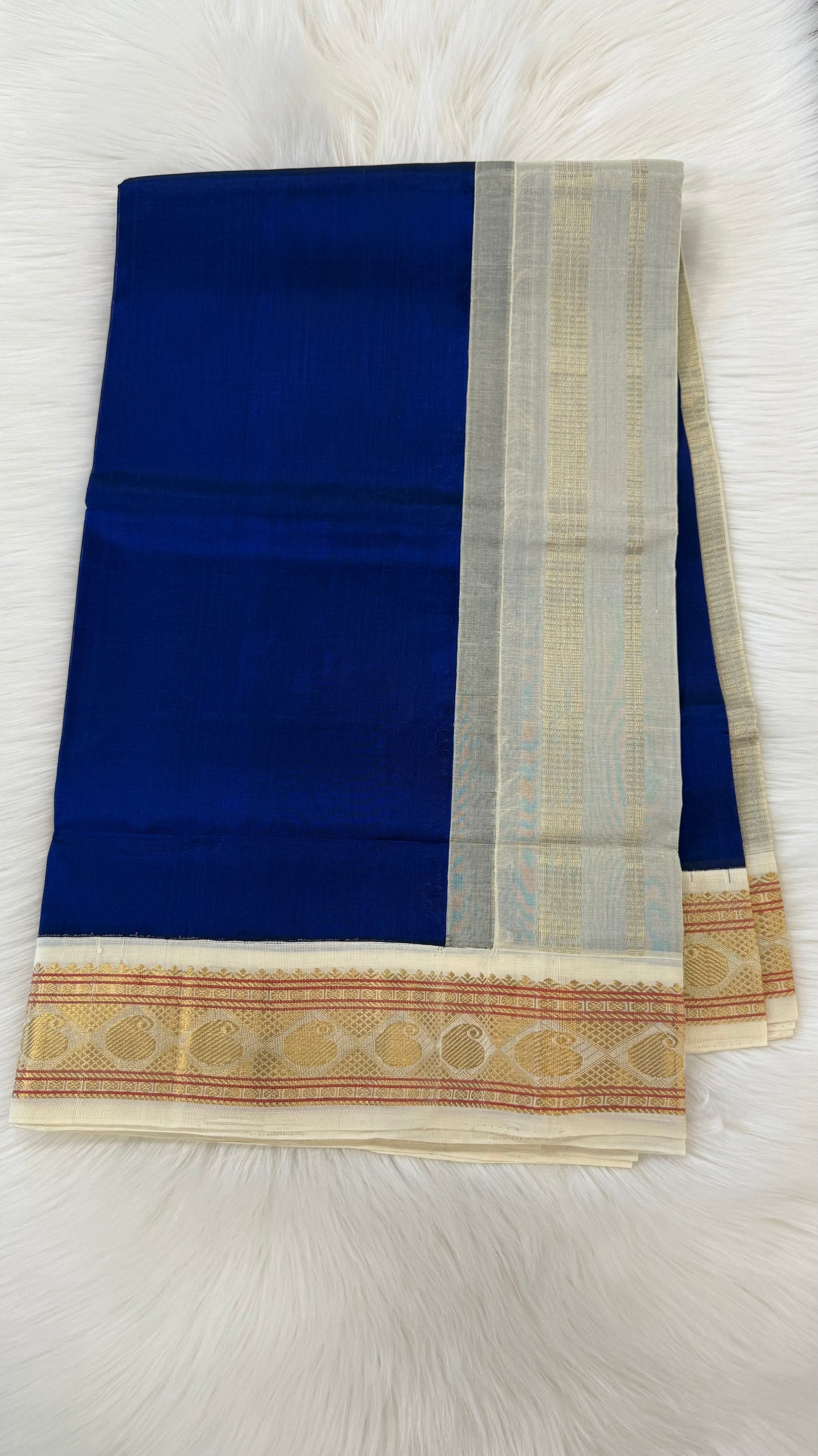 ROYAL BLUE WITH CONTRAST OFF WHITE HANDLOOM KANCHIPURAM SILK COTTON (KSC28)