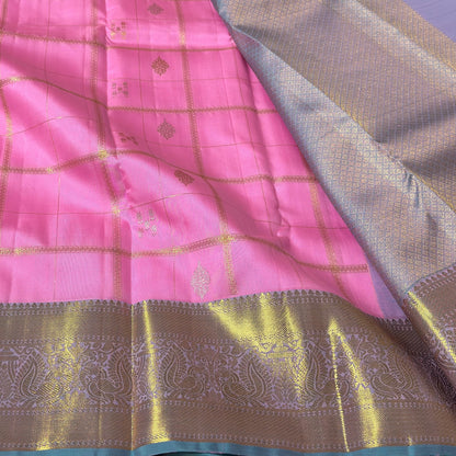 LIGHT ROSE PINK & DUAL TONE BLUE CHECKERED GOLD ZARI PURE KANCHIPURAM HANDLOOM SILK SAREE KSC 04