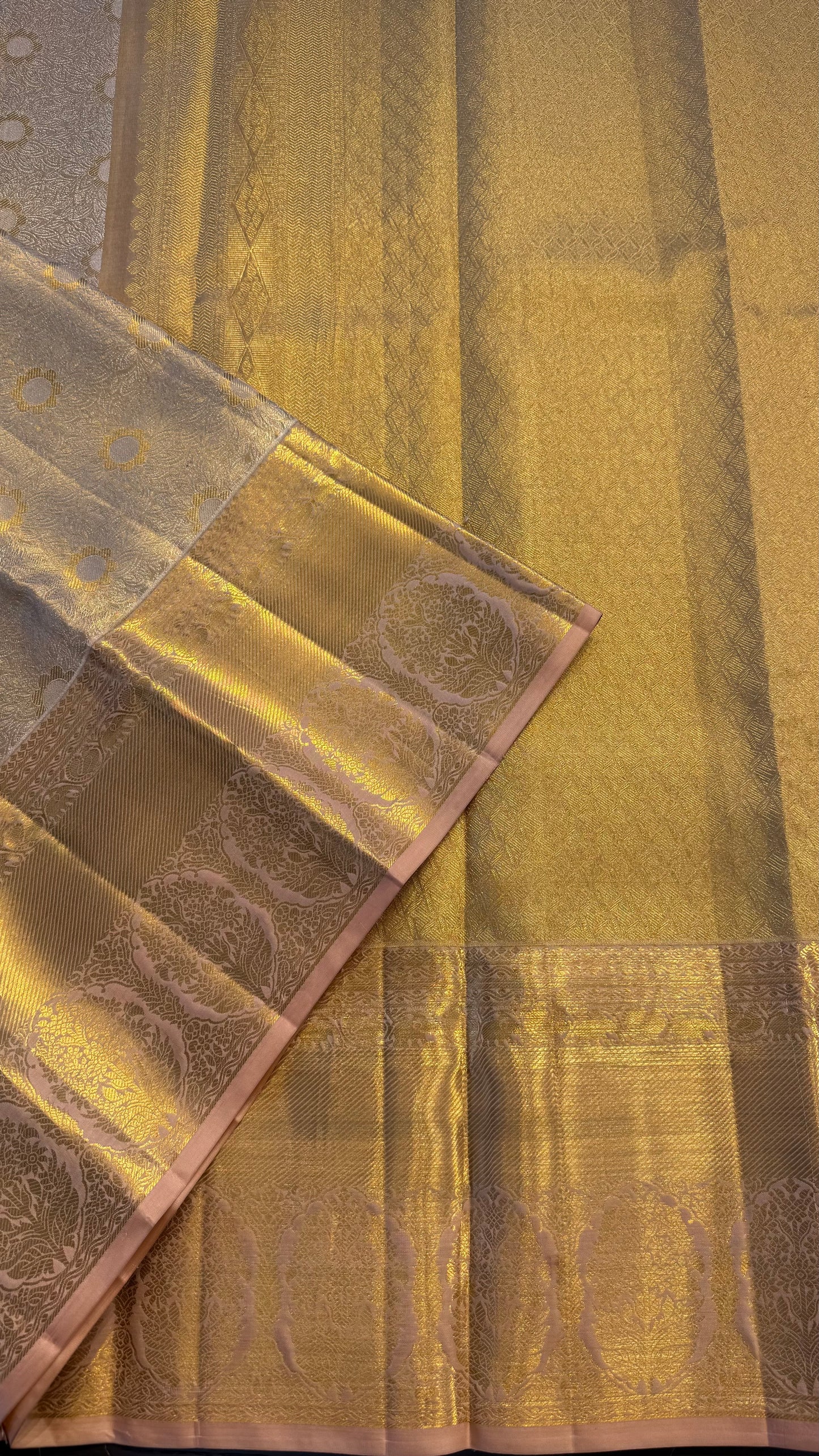 GOLDEN PEACH FULL ZARI HANDLOOM KANCHIPURAM SILK SAREE (KSS439)