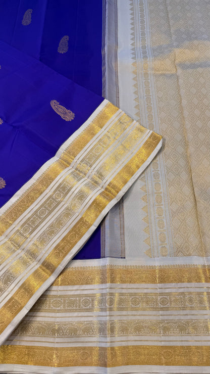 PURPLE WITH CREAM WHITE GOLD ZARI HANDLOOM KANCHIPURAM SILK SAREE (KSS461)