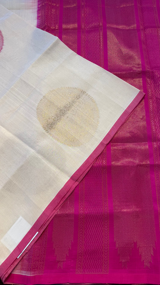 OFF WHITE WITH PINK HANDLOOM KANCHIPURAM SILK COTTON (KSC58)