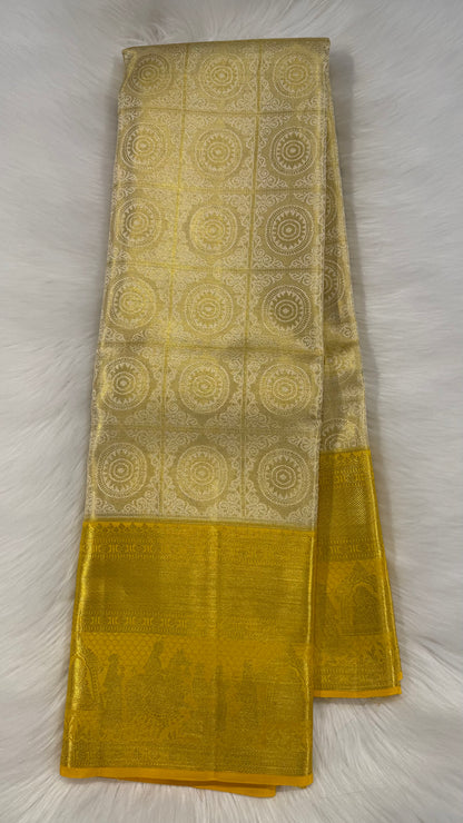 GOLDEN WITH CONTRAST MUSTARD FULL ZARI HANDLOOM KANCHIPURAM SILK SAREE (KSS443)