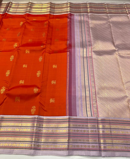 TRADITIONAL GANDABHERUNDA-YAZHI BRIGHT FANTA ORANGE & LAVENDER GOLD ZARI PURE KANCHIPURAM HANDLOOM SILK SAREE KSC 03