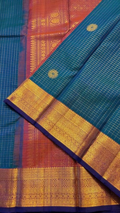 PEACOCK BLUE CONTRAST PURPLE GOLD ZARI HANDLOOM KANCHIPURAM SILK SAREE (KSS435)