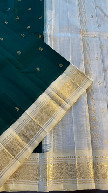 GREEN WITH CONTRAST GOLD PURE HANDLOOM KANCHIPURAM SINGLE SIDE BORDER SILK SAREE (KSSB24)