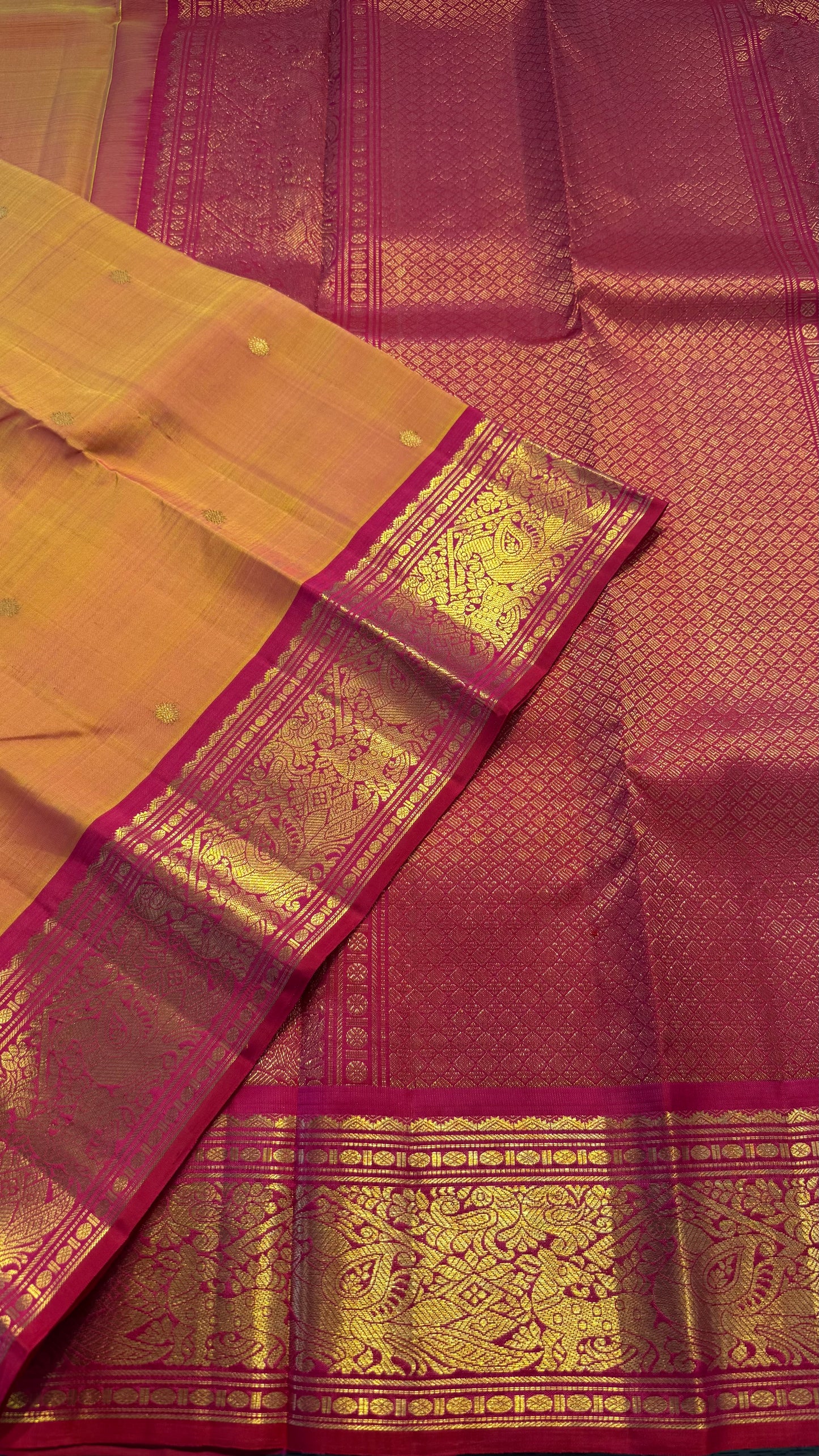 DUAL TONE YELLOW WITH PINK GOLD ZARI HANDLOOM KANICHIPURAM SILK SAREE (KSS175)