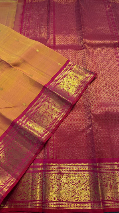 DUAL TONE YELLOW WITH PINK GOLD ZARI HANDLOOM KANICHIPURAM SILK SAREE (KSS175)