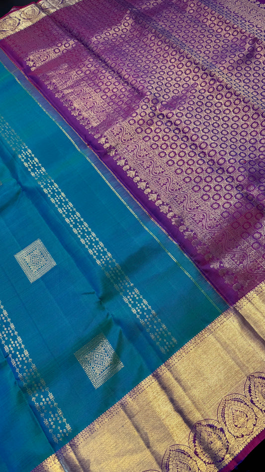PEACOCK BLUE CONTRAST PURPLE GOLD ZARI HANDLOOM KANCHIPURAM SILK SAREE (KSS391)