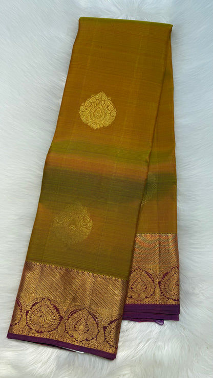 DUAL TONE OLIVE YELLOW WITH CONTRAST PURPLE KANCHIPURAM HANDLOOM SILK SAREE (KSS426)