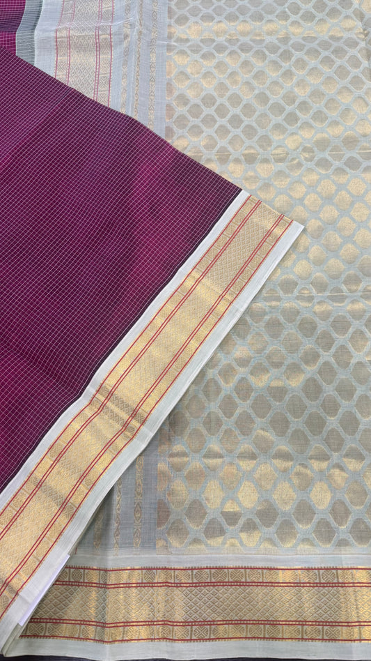 CHECKED PURPLE WITH CONTRAST CREAM KANCHIPURAM SILK COTTON (KSC77)
