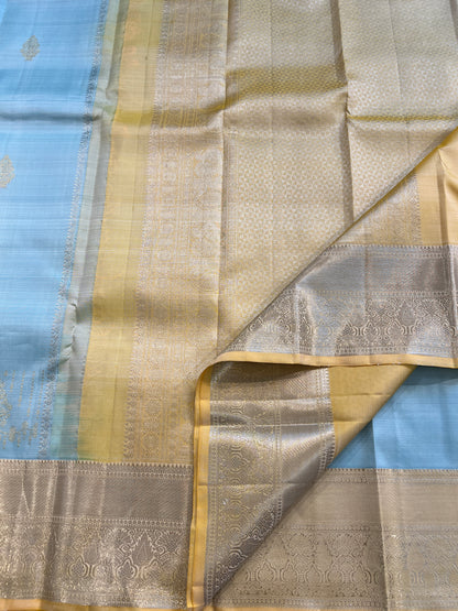 POWDER BLUE CONTRAST LIGHT YELLOW KANCHIPURAM HANDLOOM SILK SAREE