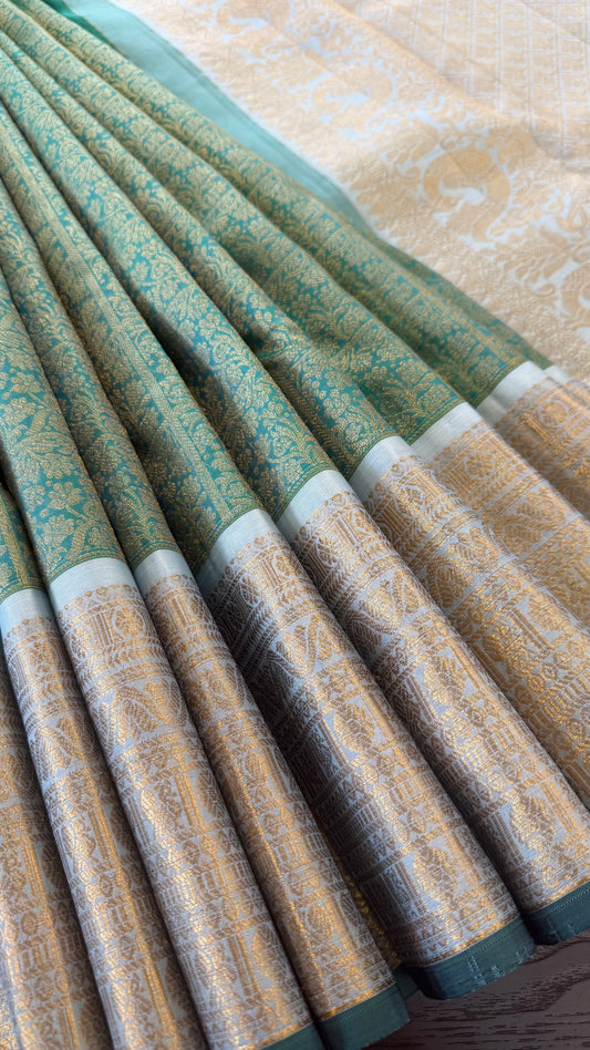 TEAL GREEN WITH CONTRAST PASTEL TURQUIOSE BLUE GOLD ZARI HANDLOOM KANICHIPURAM SILK SAREE (KSS265)