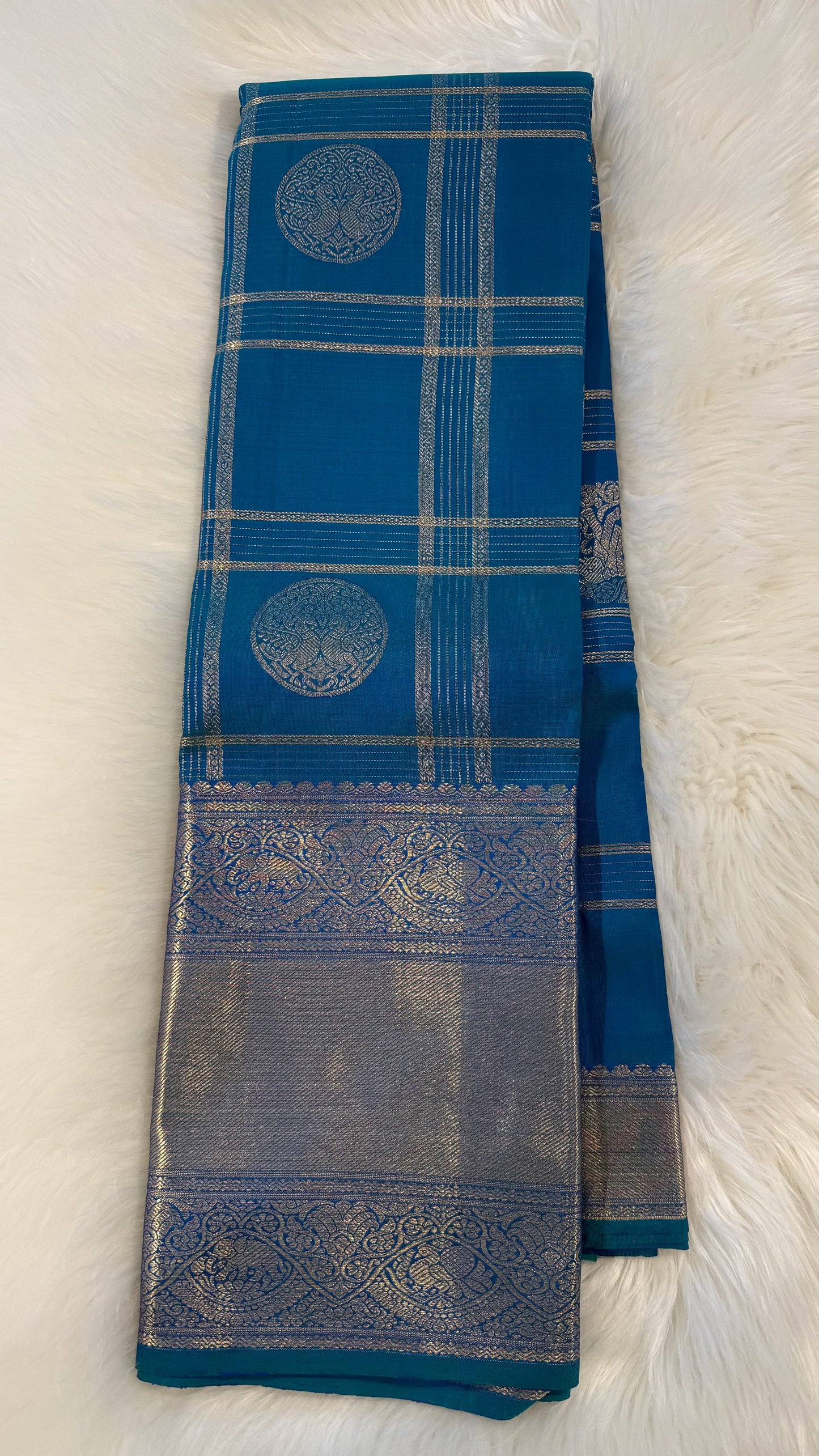 DUAL TONE PEACOCK BLUE GOLD ZARI HANDLOOM KANCHIPURAM SILK SAREE (KSS486)