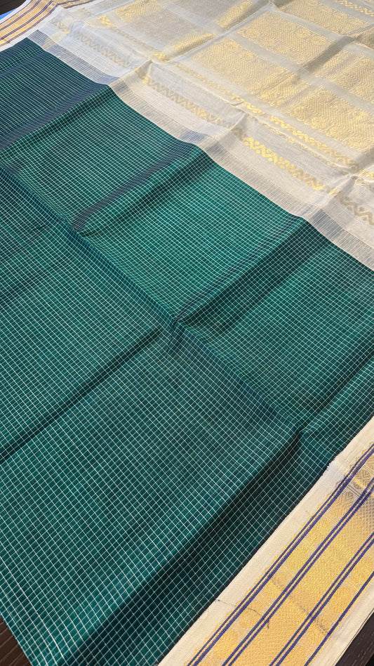 CHECKED DARK GREEN WITH WHITE HANDLOOM KANCHIPURAM SILK COTTON (KSC136)