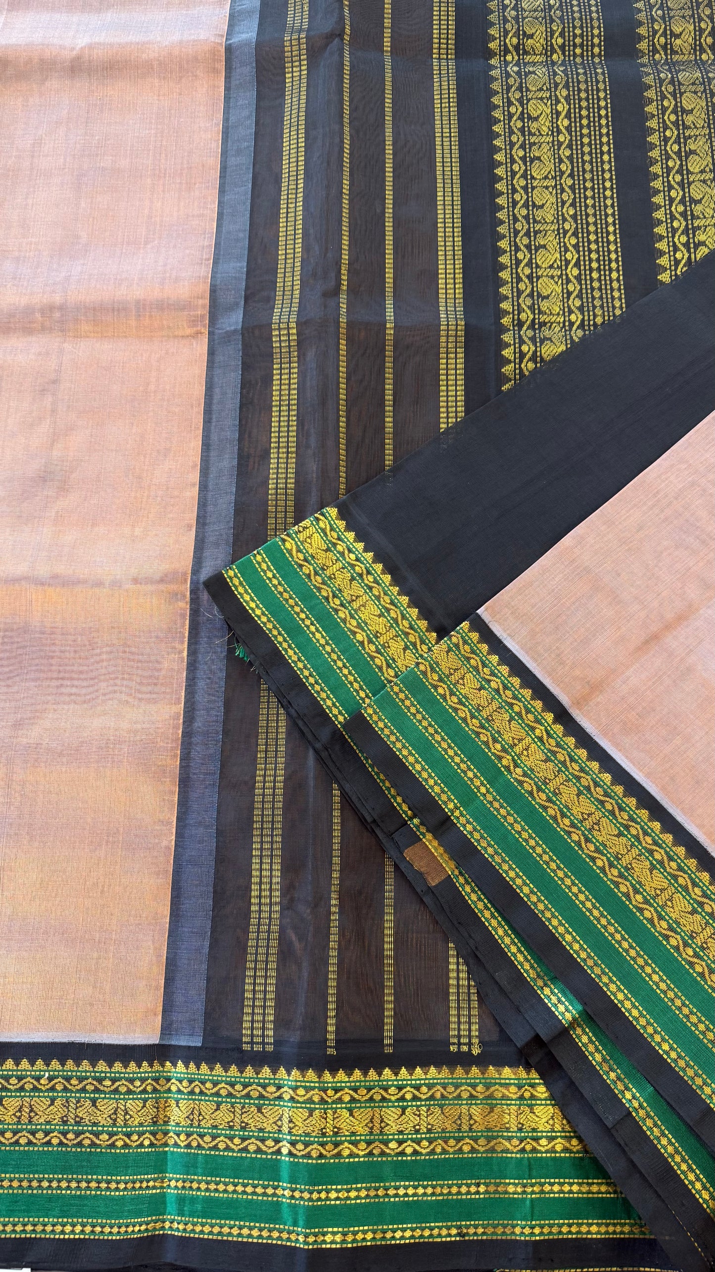 RUST GOLD WITH CONTRAST BLACK KANCHIPURAM SILK COTTON (KSC73)