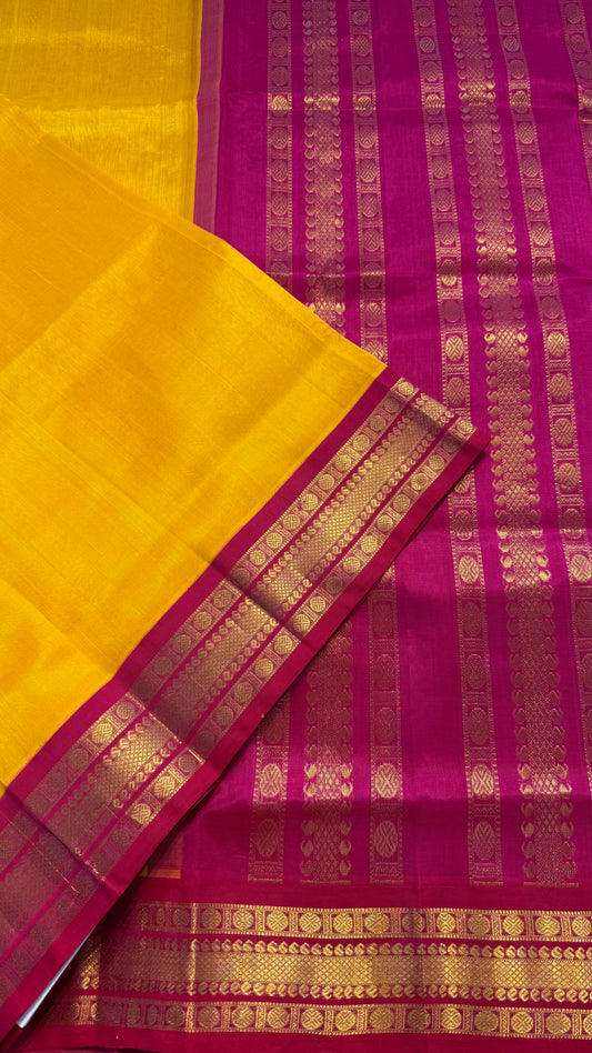 YELLOW WITH CONTRAST HOT PINK KANCHIPURAM SILK COTTON (KSC68)
