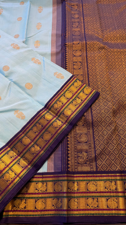 SKY BLUE WITH CONTRAST INDIGO PURPLE GOLD ZARI HANDLOOM KANCHIPURAM SILK SAREE (KSS 499)