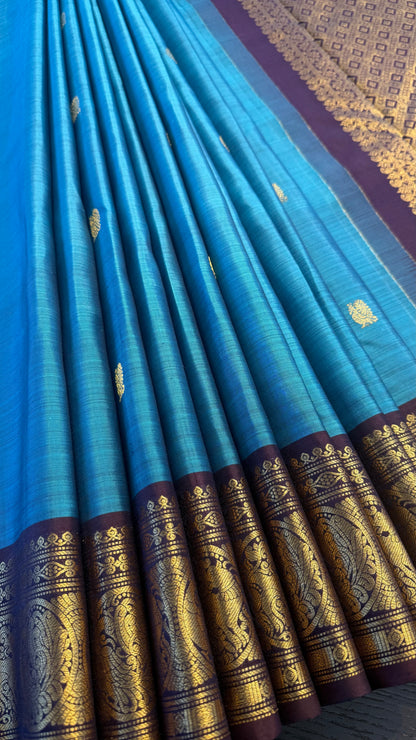BLUE GREY WITH CONTRAST PURPLE BROWN GOLD ZARI HANDLOOM KANICHIPURAM SILK SAREE (KSS203)