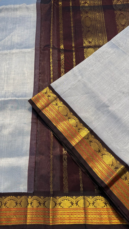 ASH GREY WITH CONTRAST DARK BROWN KANCHIPURAM SILK COTTON (KSC06)