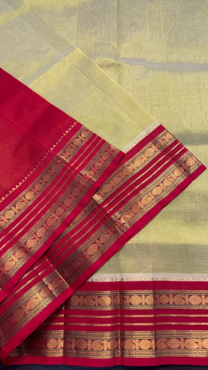 LIGHT LEMON YELLOW WITH CONTRAST RED KANCHIPURAM SILK COTTON (KSC20)