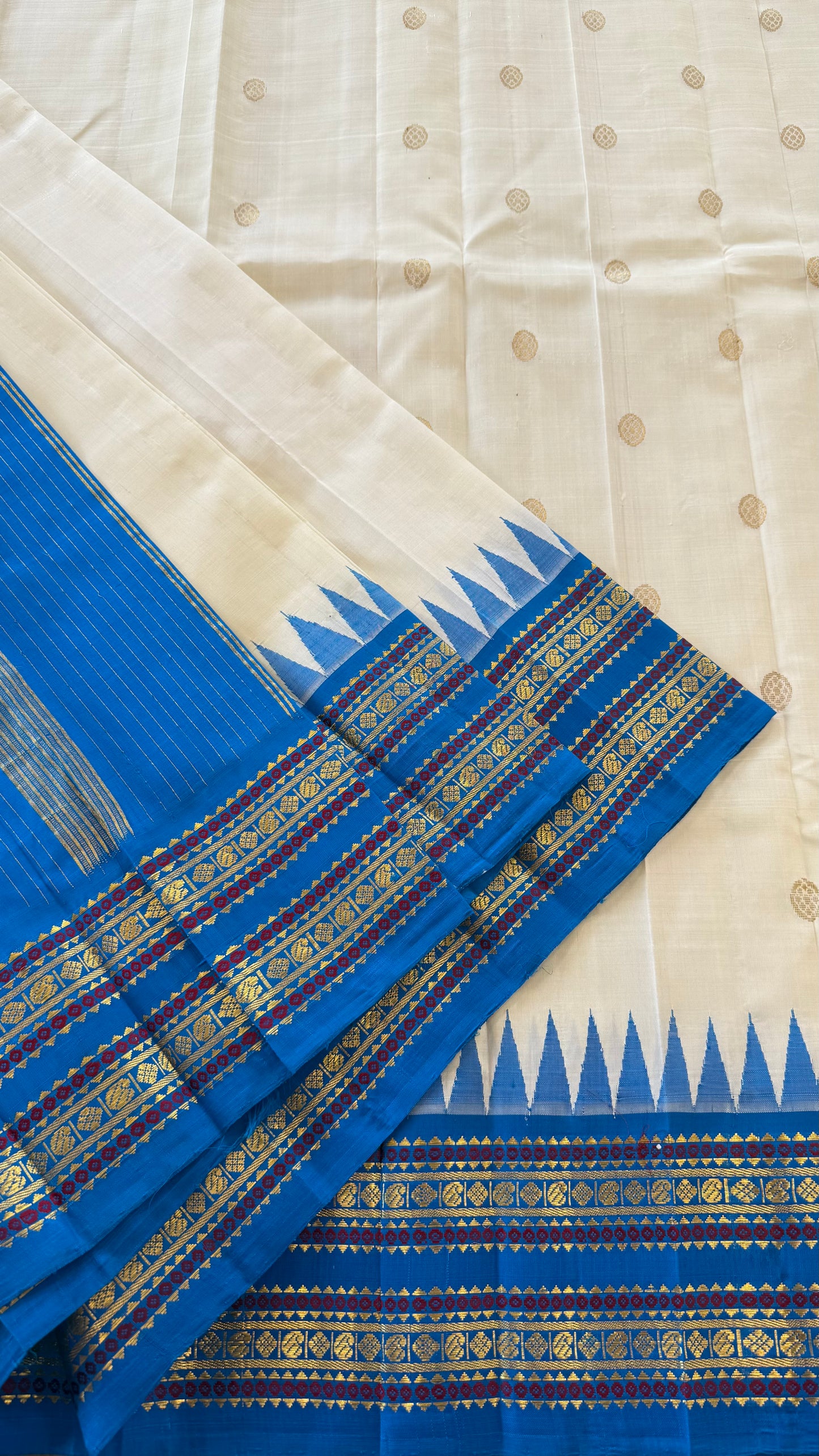 CREAM WITH CONTRAST BLUE PURE HANDLOOM KANCHIPURAM SINGLE SIDE BORDER SILK SAREE (KSSB32)