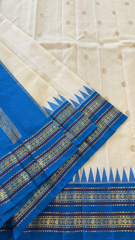 CREAM WITH CONTRAST BLUE PURE HANDLOOM KANCHIPURAM SINGLE SIDE BORDER SILK SAREE (KSSB32)
