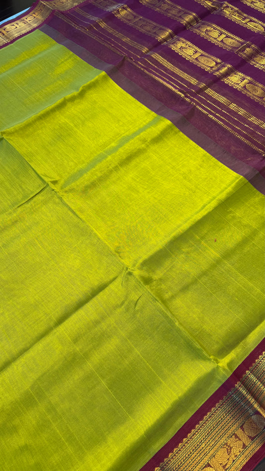 LIME GREEN WITH DARK MAROON HANDLOOM KANCHIPURAM SILK COTTON (KSC97)